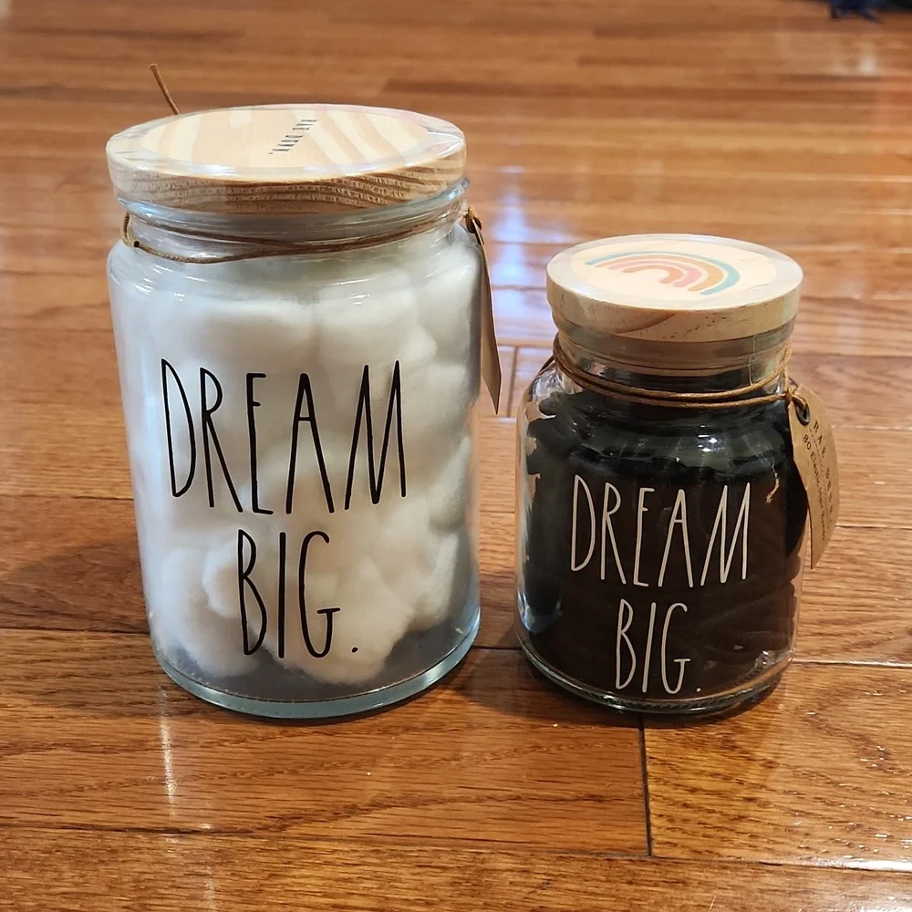 New Rae Dunn 60 Cotton Balls and 80 Elastic Hair Bands in Jars